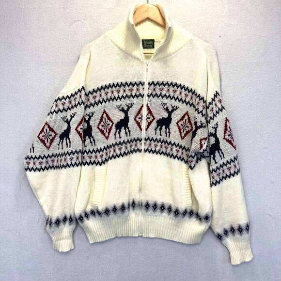 Scandia Woods Full Zip Cardigan Sweater Mens Large L Nordic Deer Knit White VTG - Picture 1 of 11